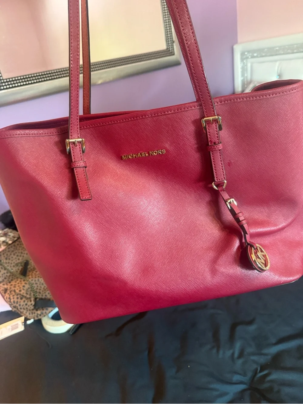 Michael Kors Red Saffiano Leather Tote with Gold Hardware